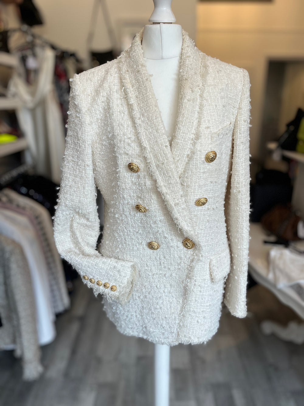 Pre Loved Balmain Double Breasted Cream Boucle Blazer size 40 fits UK 12