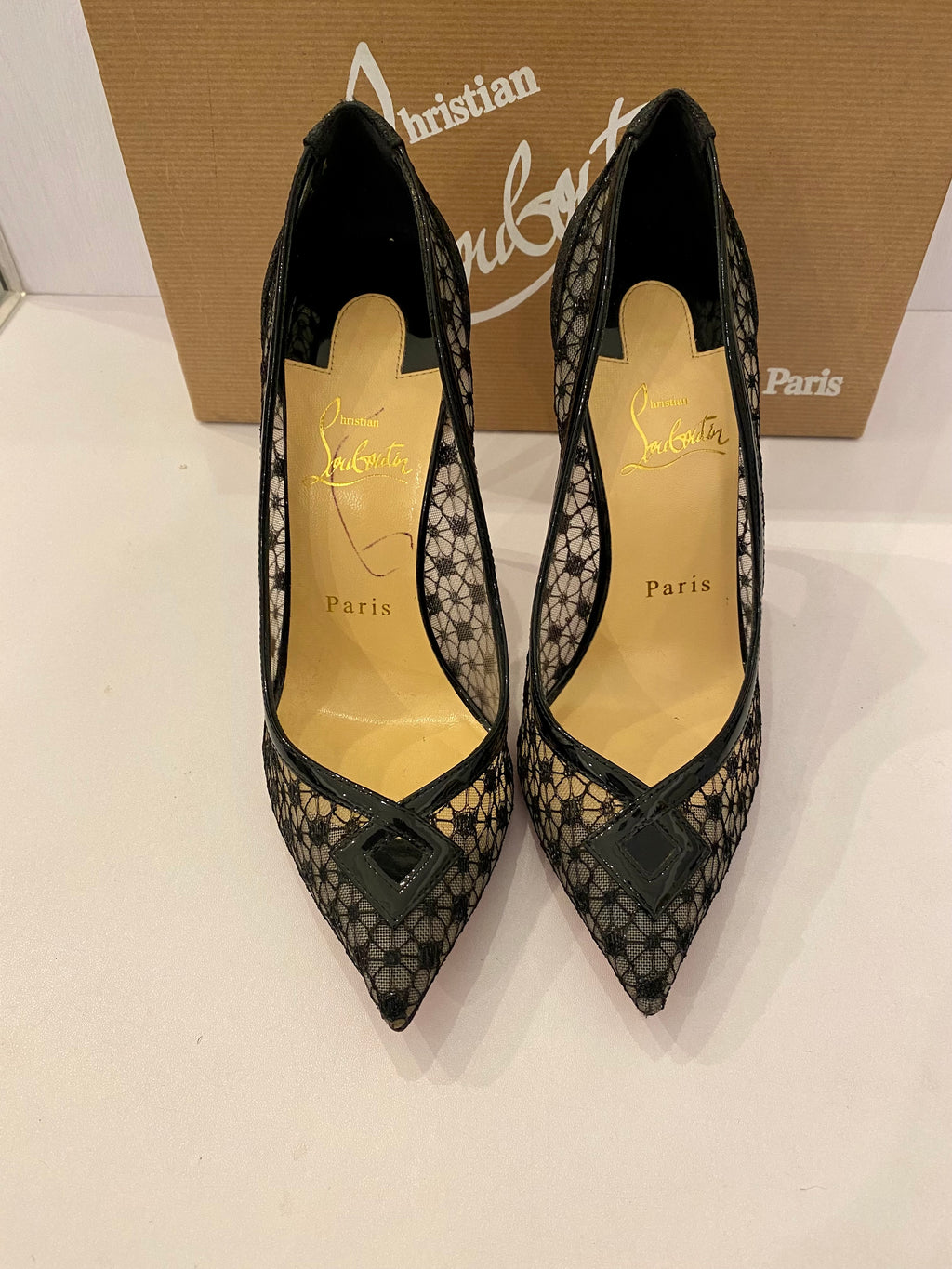 Pre Loved Christian Louboutin 100 Dentelle Black Lace Heels uk4 new Twice Loved Pre Loved Consignment Fashion