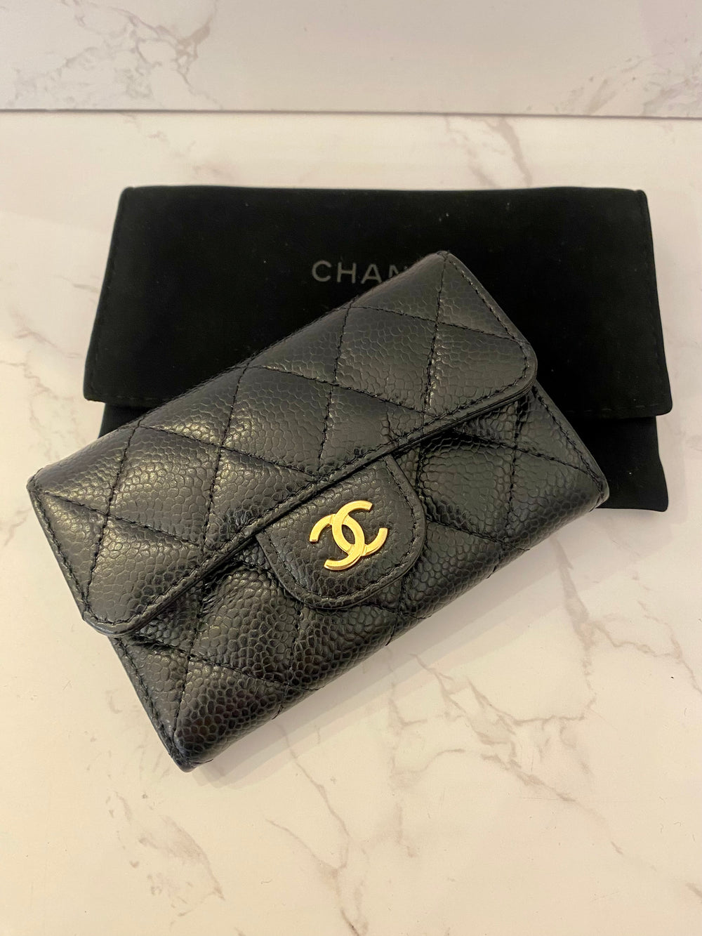 Pre Loved Chanel Classic Quilted Flap Cardholder in Black Caviar Leather (as new)
