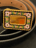 Pre Loved Dolce & Gabbana Black Velvet /Floral Enamel Buckle Belt 85cm