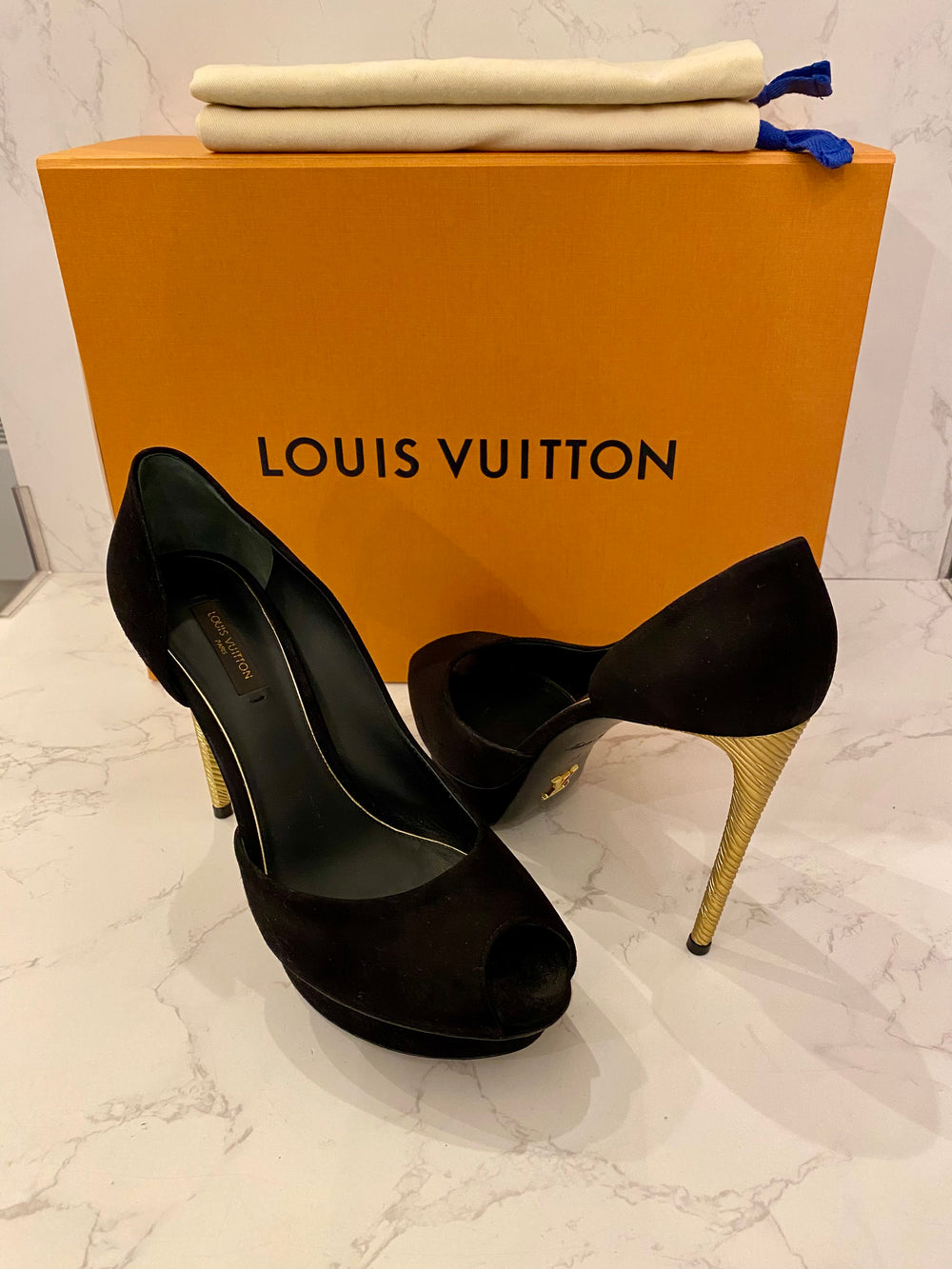 Pre Loved Louis Vuitton Black Suede Peep Toe Heels with Gold Tone Heels UK5