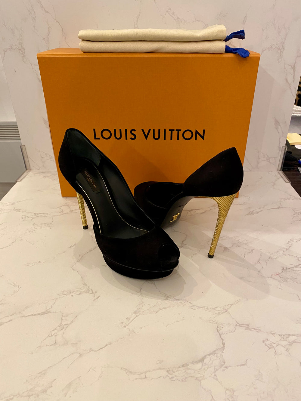 Pre Loved Louis Vuitton Black Suede Peep Toe Heels with Gold Tone Heels UK5