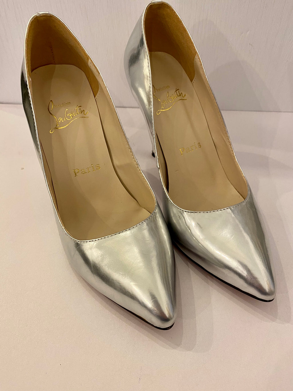 Pre Loved Christian Louboutin Vintage Silver Heels uk7 fit 5.5 6 Twice Loved Pre Loved Consignment Fashion