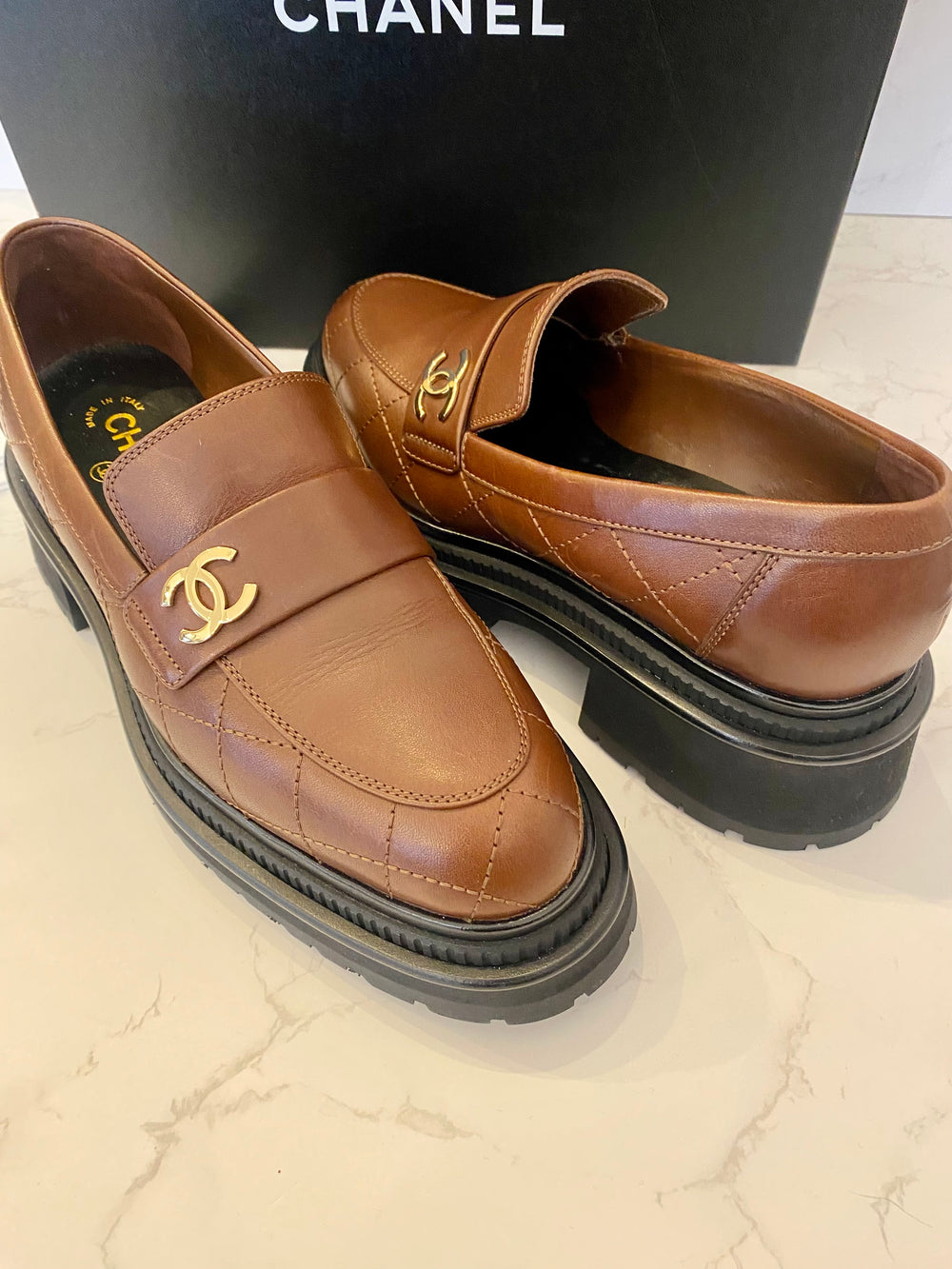 Pre loved Chanel CC Brown Quilted Loafers UK5.5 (new)