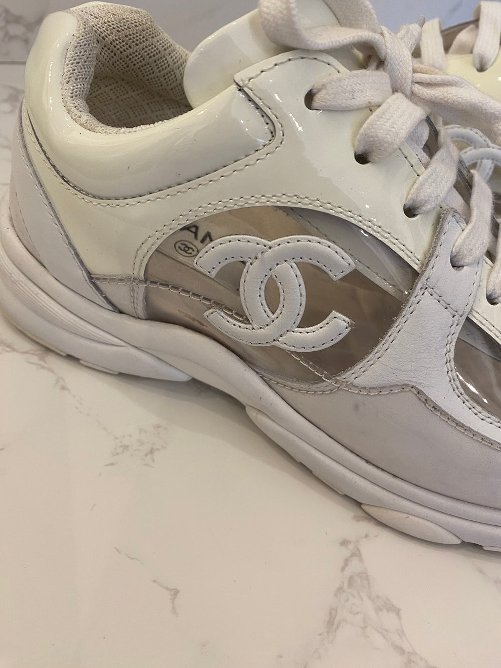 Pre Loved Chanel Off White Patent Leather Trainers UK3.5