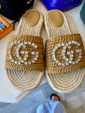 Gucci Raffia Espadrille Sandals with Crystal GG Logo  UK6