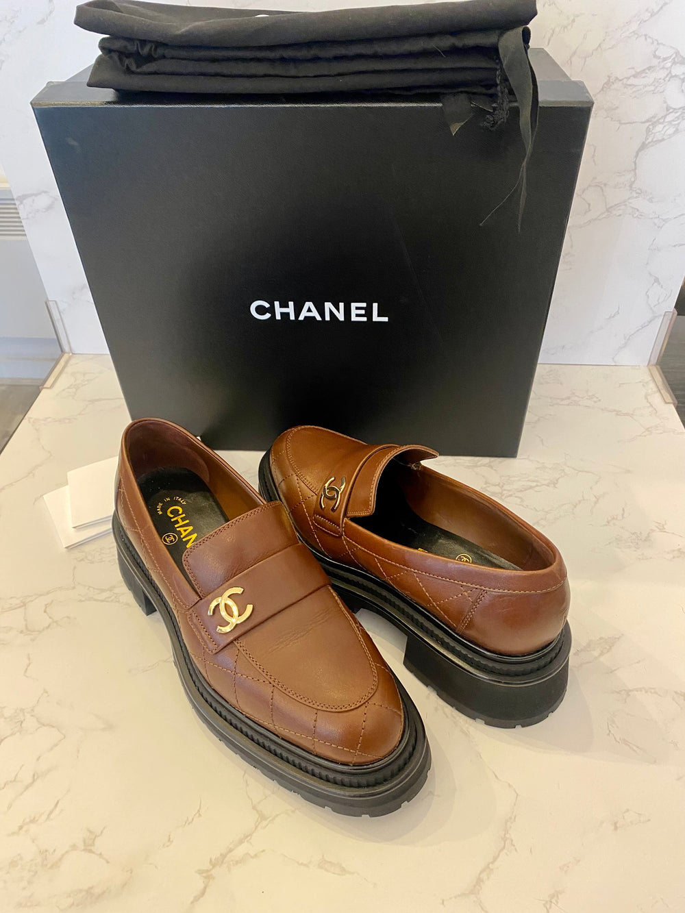 Pre loved Chanel CC Brown Quilted Loafers UK5.5 (new)