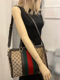 Pre Loved Gucci Boston Bowling Bag in GG Monogram Canvas with Green & Red Web Stripe