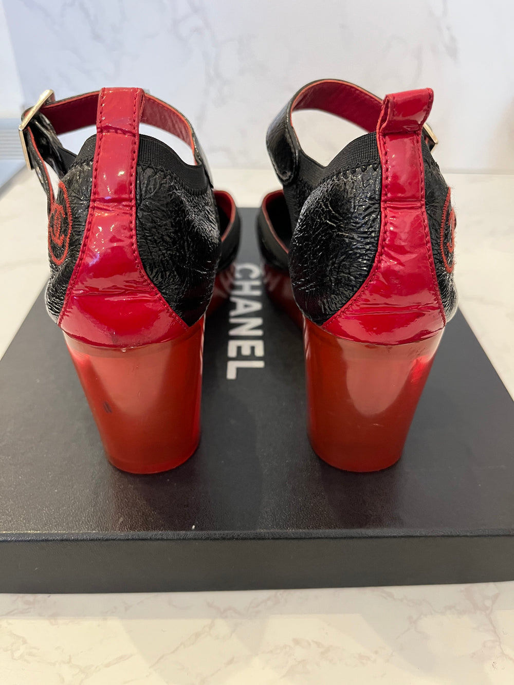 Pre Loved Chanel Black & Red Wedges UK 4