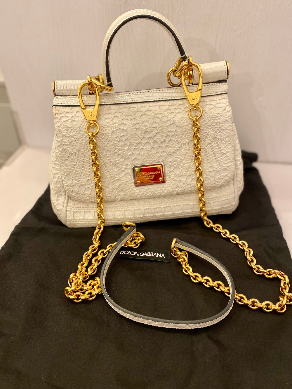 Pre Loved Vintage Dolce & Gabbana White Sicily Leather & Lace Bag