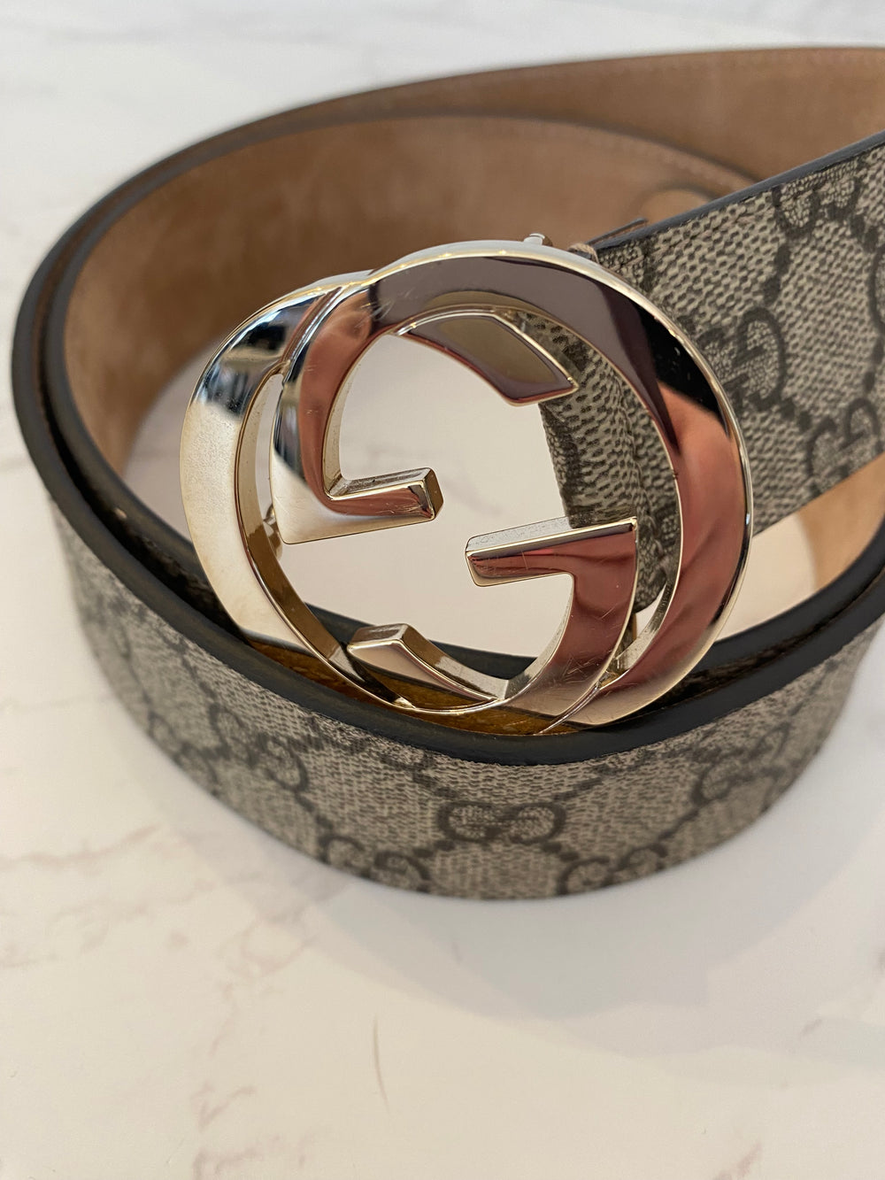 Pre Loved Gucci GG Leather Belt with Pale Gold GG Buckle Size 90cm
