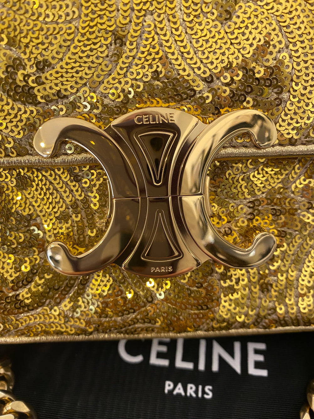 Celine Chain Triomphe Gold Sequin Shoulder Bag