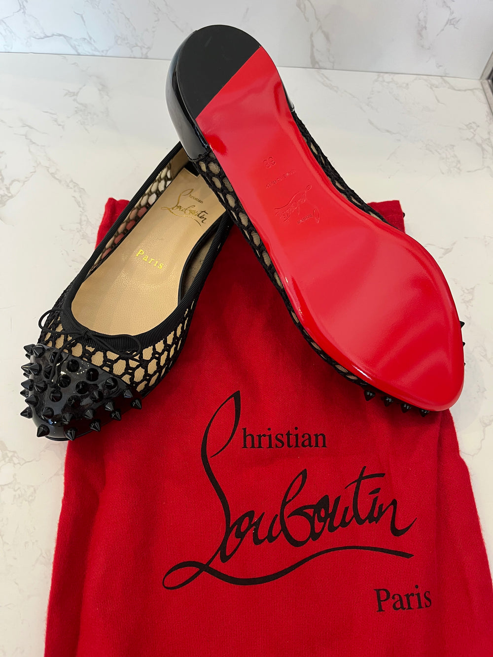 Pre Loved Christian Louboutin Black Patent Spike Ballet Flats UK 5 (New)