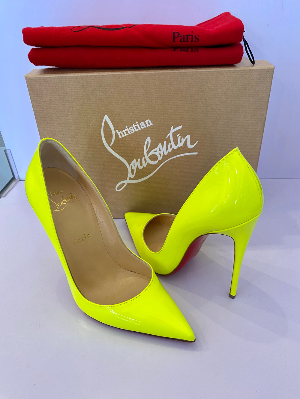 Pre Loved Christian Louboutin So Kate 120  Fluo Yellow Patent Heels UK4