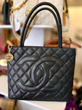 Pre Loved Chanel Vintage Medallion Tote in black caviar leather,