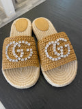 Gucci Raffia Espadrille Sandals with Crystal GG Logo  UK6