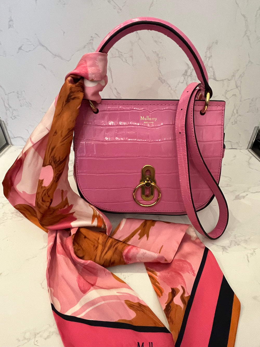 Pre Loved Mulberry Amberley in Pink Embossed Leather & Floral Twilly