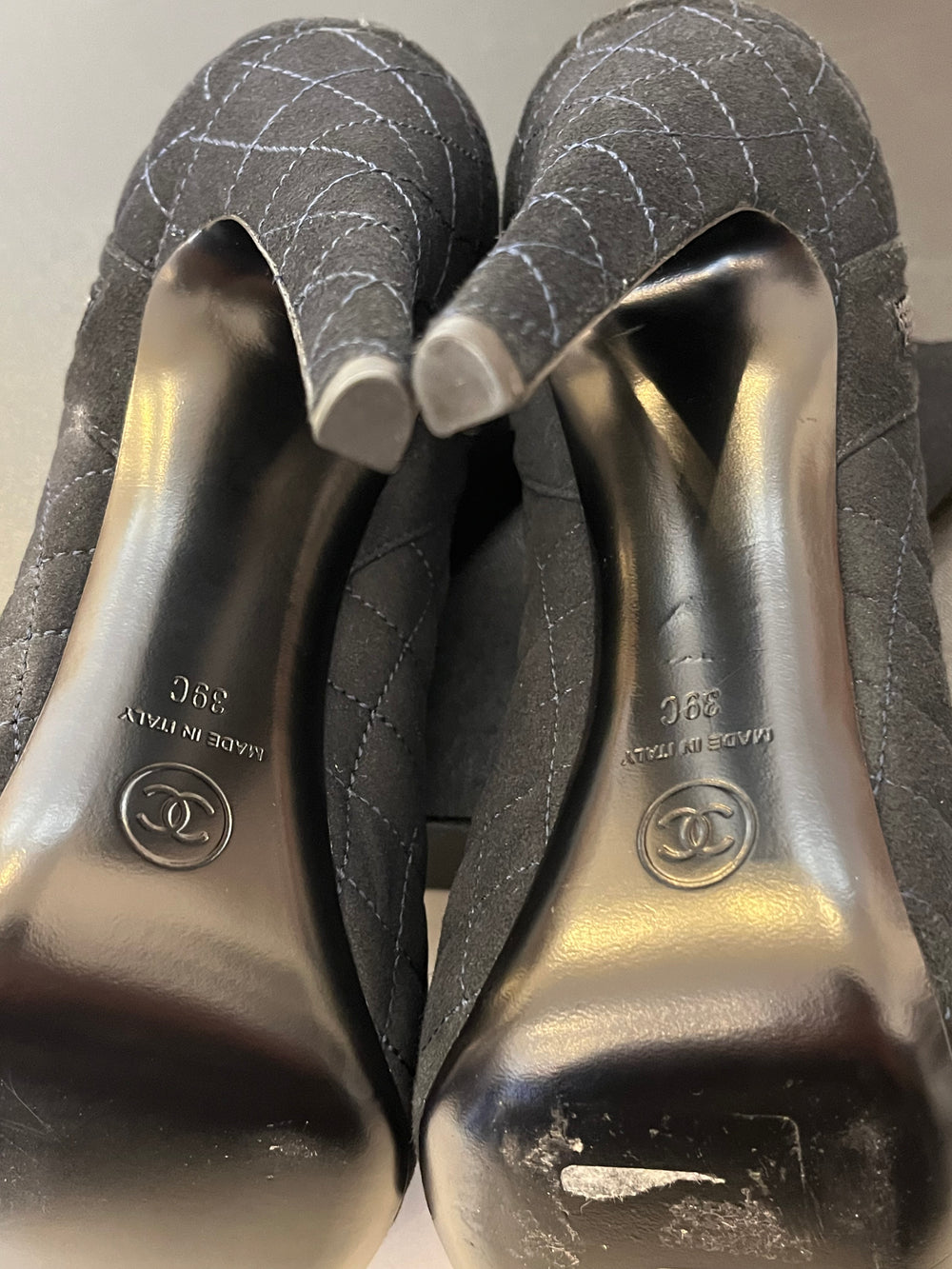 Pre Loved Chanel Black Quilted Suede Ankle Boots Size Uk 6