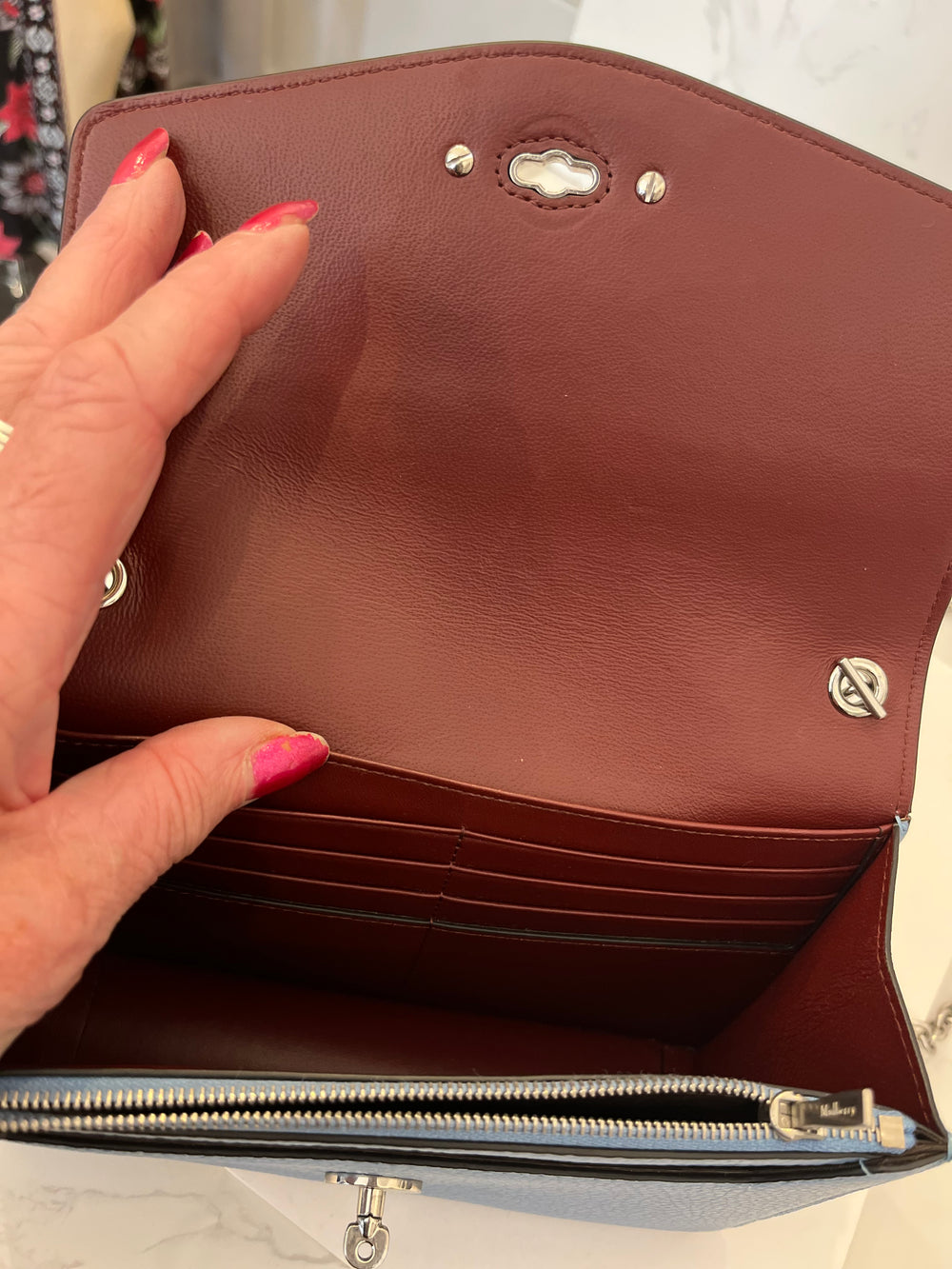 Pre Loved Mulberry Small Darley in Blue Leather on Silver Tone Chain