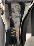 Pre Loved Chanel Black Satin & Patent Leather Heels Pearl Trim UK 5