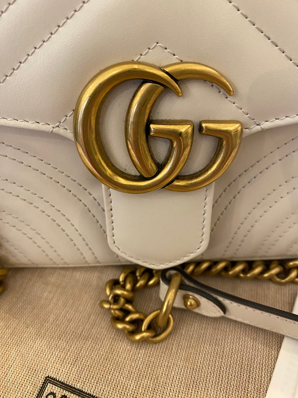 Pre Loved Gucci Marmont Small Top Handle Handbag in White (Cream) pristine as new