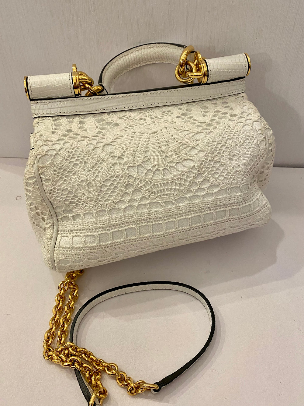 Pre Loved Vintage Dolce & Gabbana White Sicily Leather & Lace Bag