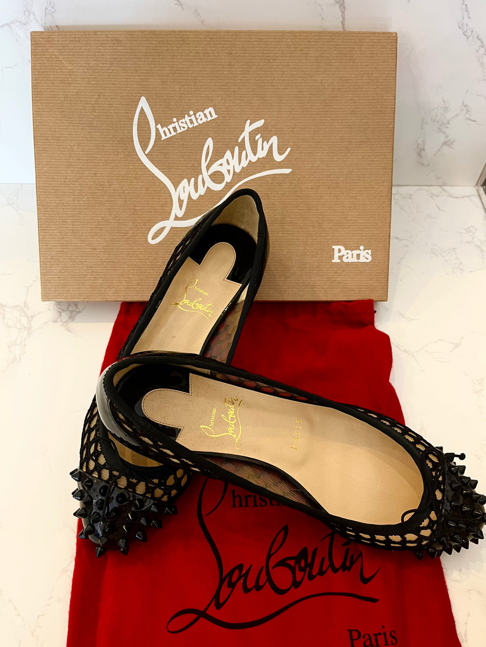 Pre Loved Christian Louboutin Black Patent Spike Ballet Flats UK 5 (New)