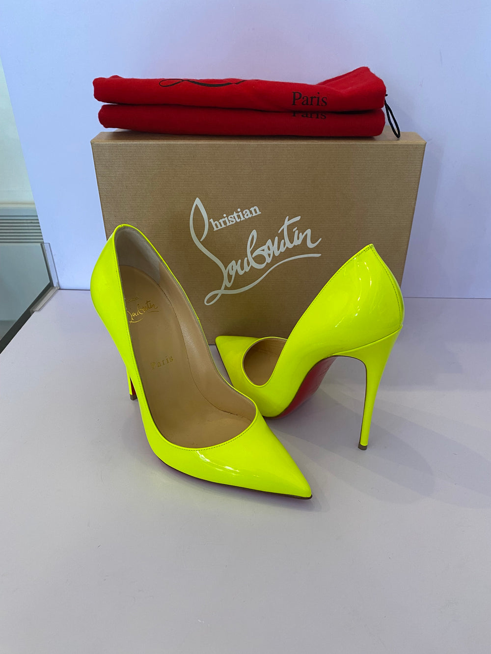 Pre Loved Christian Louboutin So Kate 120  Fluo Yellow Patent Heels UK4