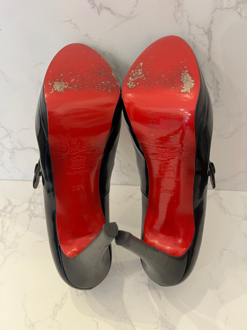Pre Loved Christian Louboutin 130 Black Patent Peeptoe Mary-Jane Heels Size UK 5.5