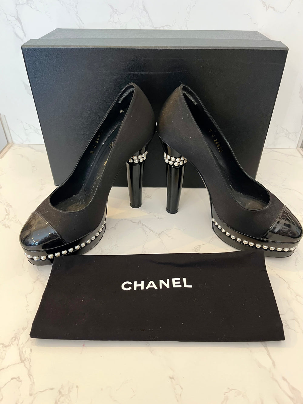 Pre Loved Chanel Black Satin & Patent Leather Heels Pearl Trim UK 5