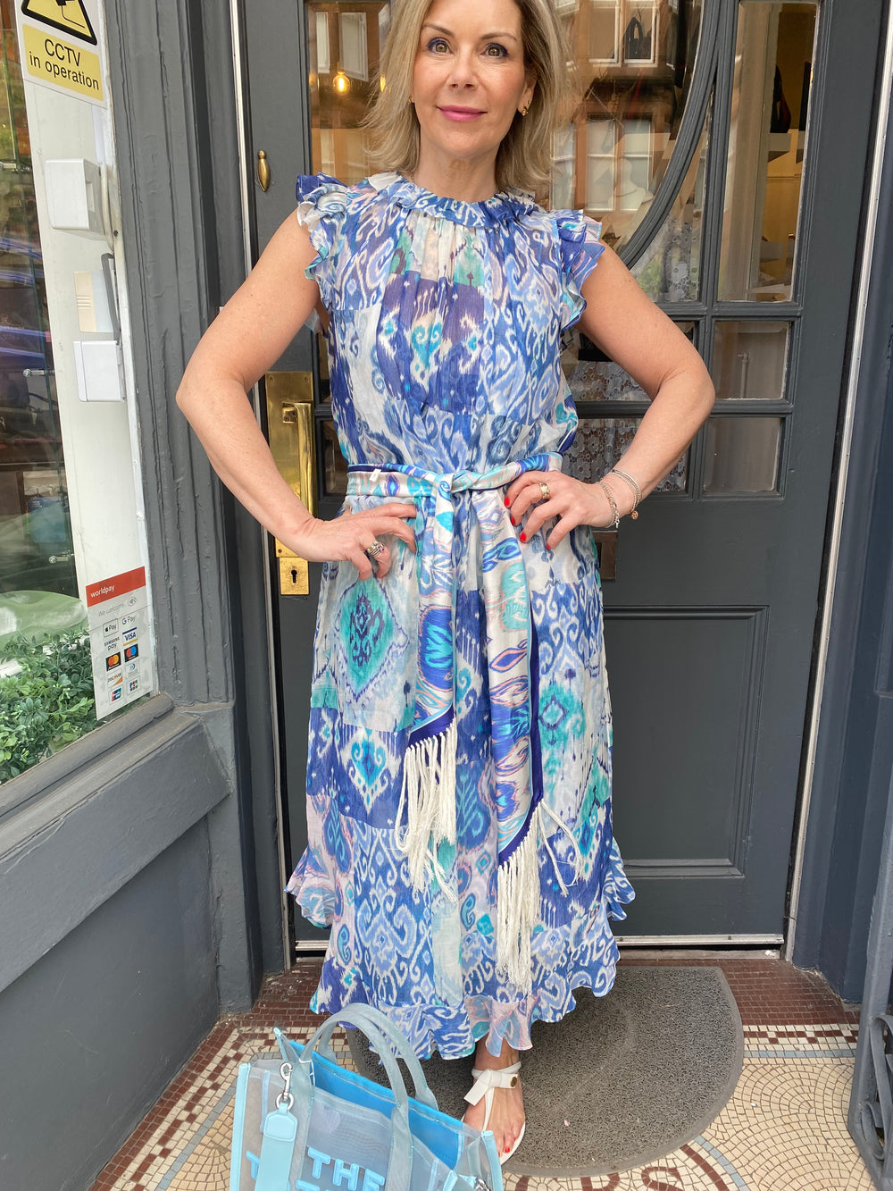 Pre Loved Zimmerman Glassy Ruffle Sleeveless Cotton & Silk Blue Dress Size 2 UK 12