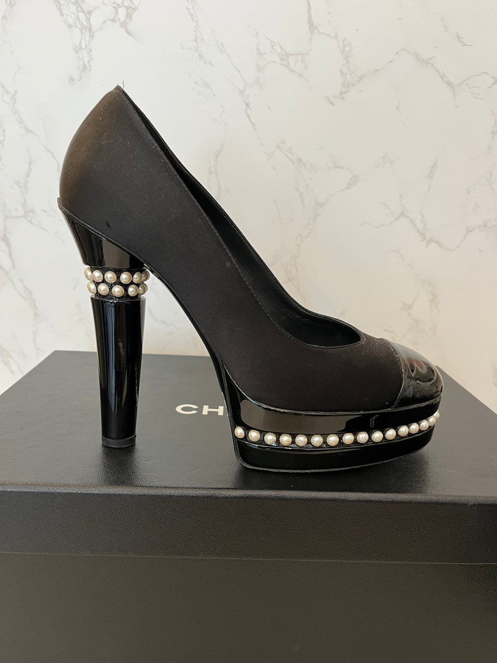 Pre Loved Chanel Black Satin & Patent Leather Heels Pearl Trim UK 5
