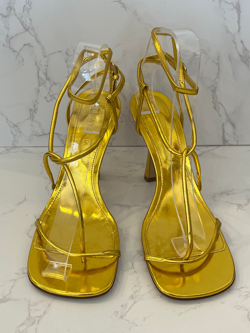 Pre Loved Bottega Veneta Gold Strappy Heeled Sandals UK4 (as new)