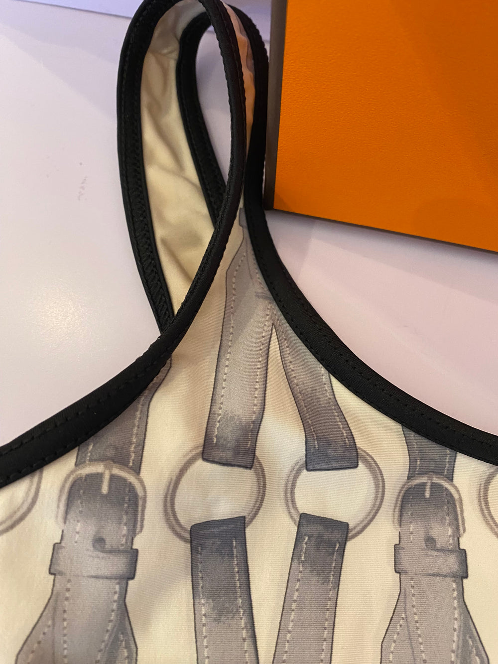 Pre Loved Hermes Black, Cream & Grey Buckle Swimsuit UK 10 (excellent)