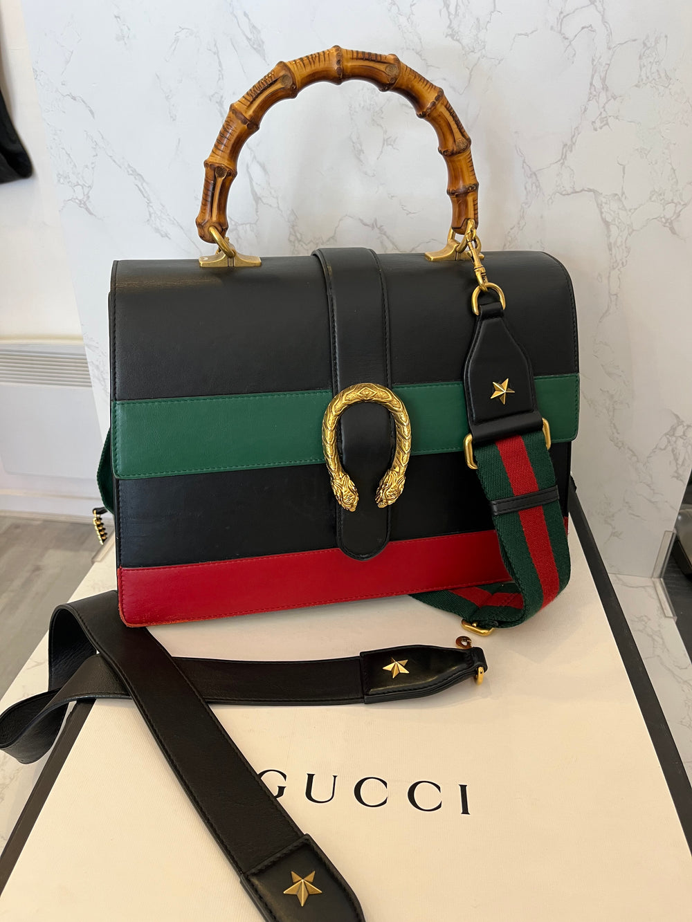 Pre Loved Gucci Tricolour Large Dionysus Bamboo Top Handle