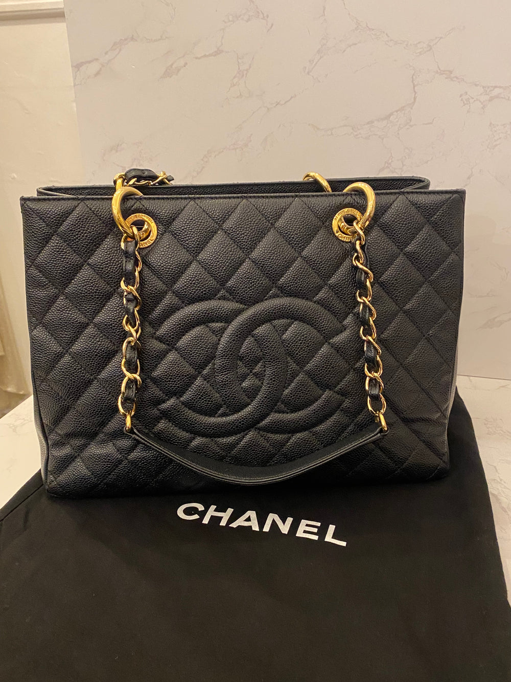 Pre Loved Chanel GST Grand Shopper Tote in Black Caviar Leather