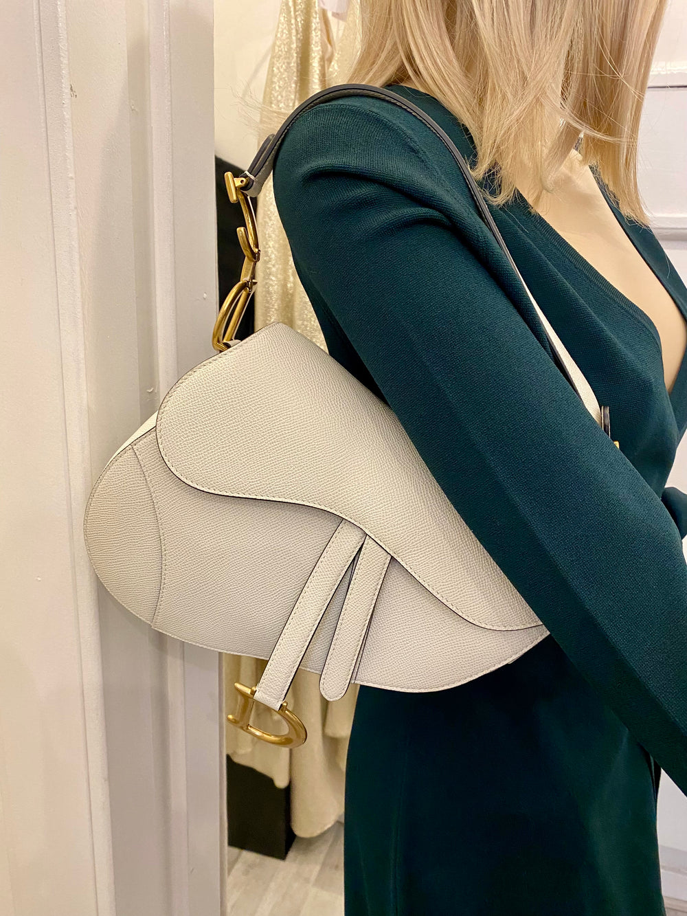 Pre Loved Christian Dior Latte Saddle Bag with Logo Web Strap  (excellent)