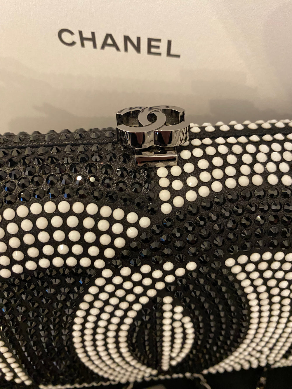 Pre Loved Chanel Dubai Monochrome Minaudiere Clutch On Chain NEW