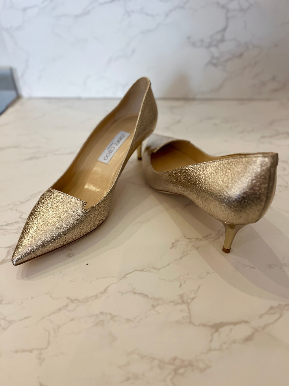 Pre Loved Jimmy Choo Romy Attila Kitten Heels in Gold UK 6 (New)