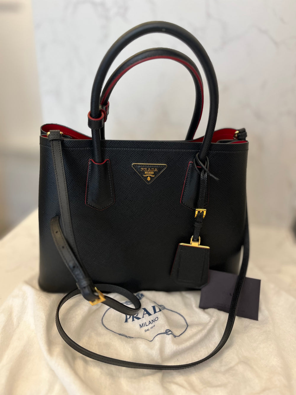 Pre Loved Prada Black Saffiano Leather Double Tote Bag