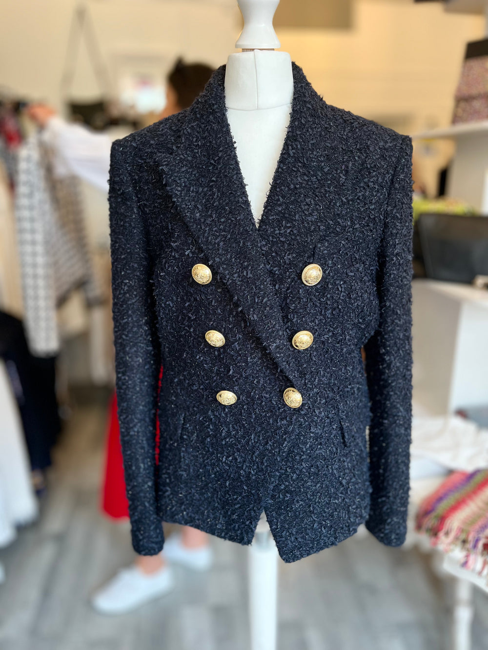 Pre Loved Balmain Double Breasted Dark Navy Boucle Blazer size 42 fits UK 12-14