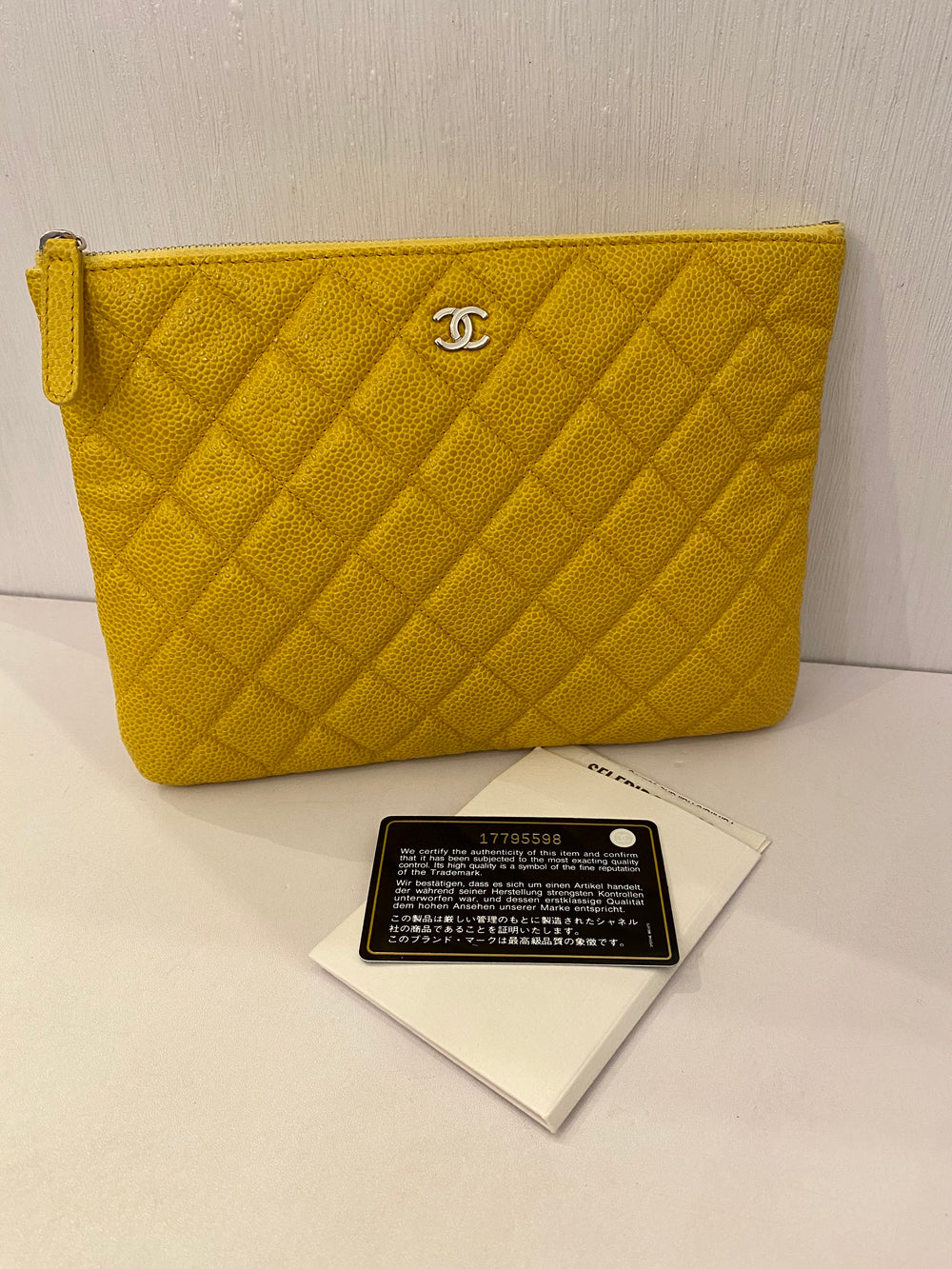 Pre Loved Chanel Yellow Quilted Caviar O-Case Classic Zip Pouch (excellent)