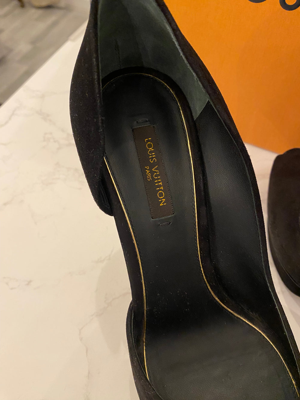 Pre Loved Louis Vuitton Black Suede Peep Toe Heels with Gold Tone Heels UK5