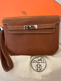 Pre Loved Hermes Kelly Depeches 25 pouch  in Gold Leather with Palladium Hardware