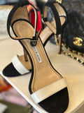 Pre Loved Manolo Blahnik black suede sandals with white bar - UK 5