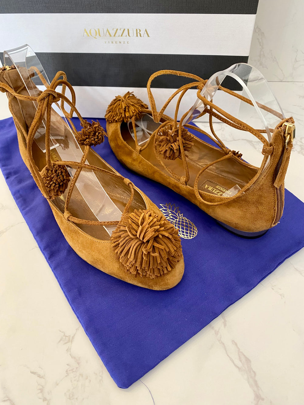Pre Loved Aquazurra Sunshine Brown Suede Pom Pom Lace up Sandal/ Shoes UK4.5