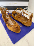 Pre Loved Aquazurra Sunshine Brown Suede Pom Pom Lace up Sandal/ Shoes UK4.5