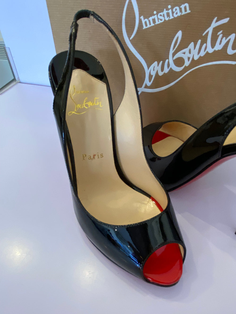 Pre Loved Christian Louboutin Flo Sling 120 Black Patent UK4