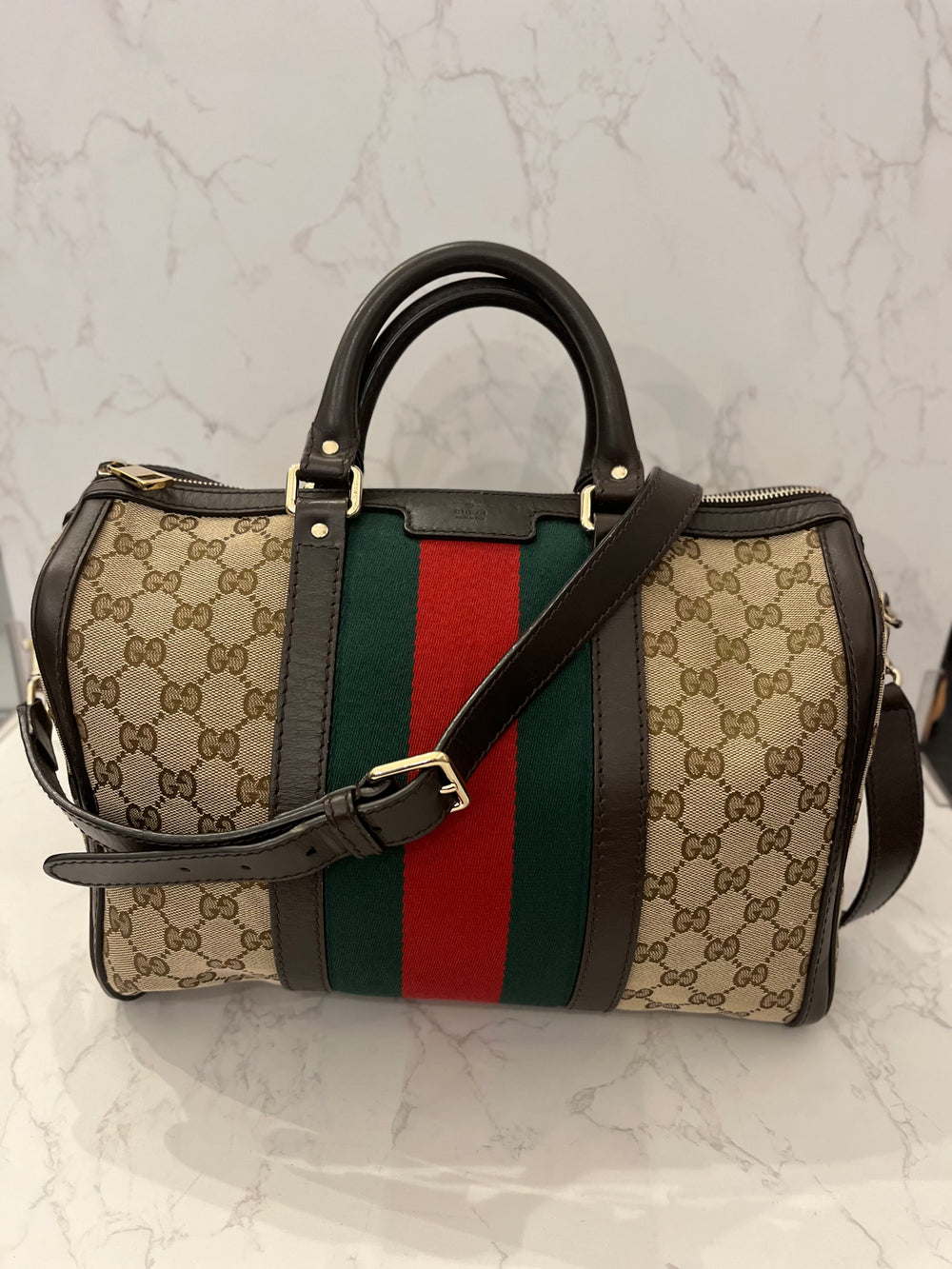 Pre Loved Gucci Boston Bowling Bag in GG Monogram Canvas with Green & Red Web Stripe