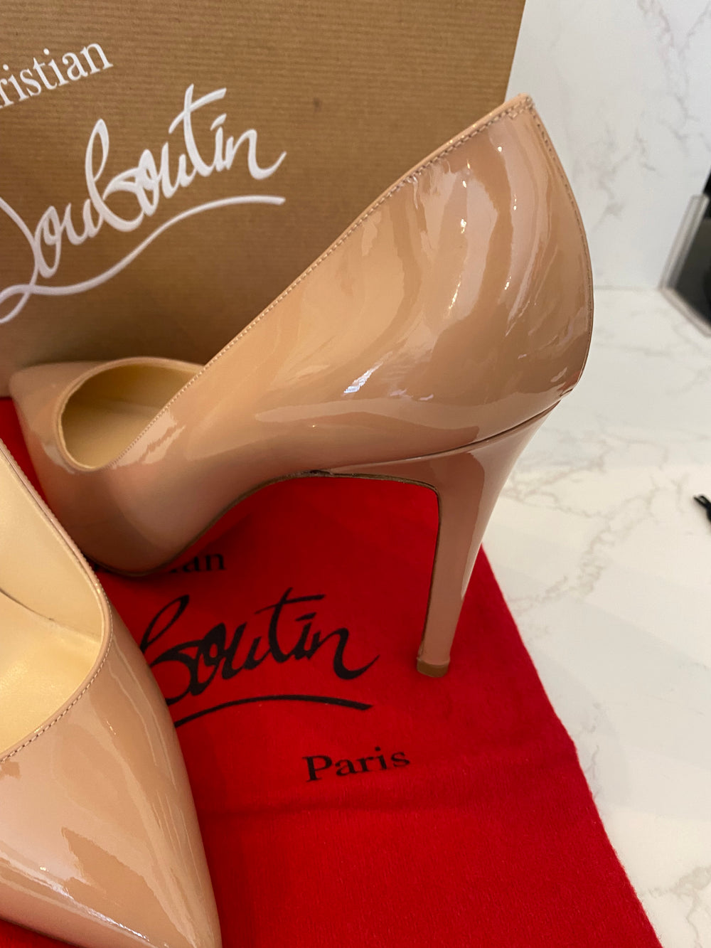 Pre Loved Christian Louboutin Pigalle 100 Nude Patent Heels Size UK 6  (new)